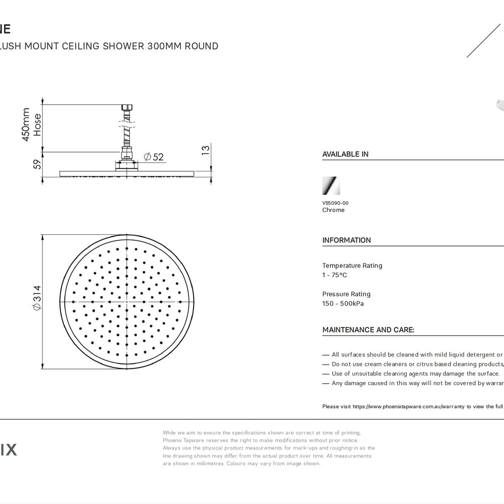 PHOENIX VIVID SLIMLINE FLUSH MOUNT CEILING SHOWER ROUND 300MM CHROME
