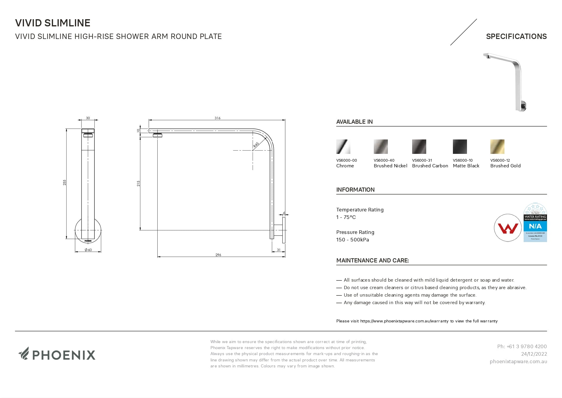 PHOENIX VIVID SLIMLINE HIGH-RISE SHOWER ARM ROUND PLATE 300MM CHROME