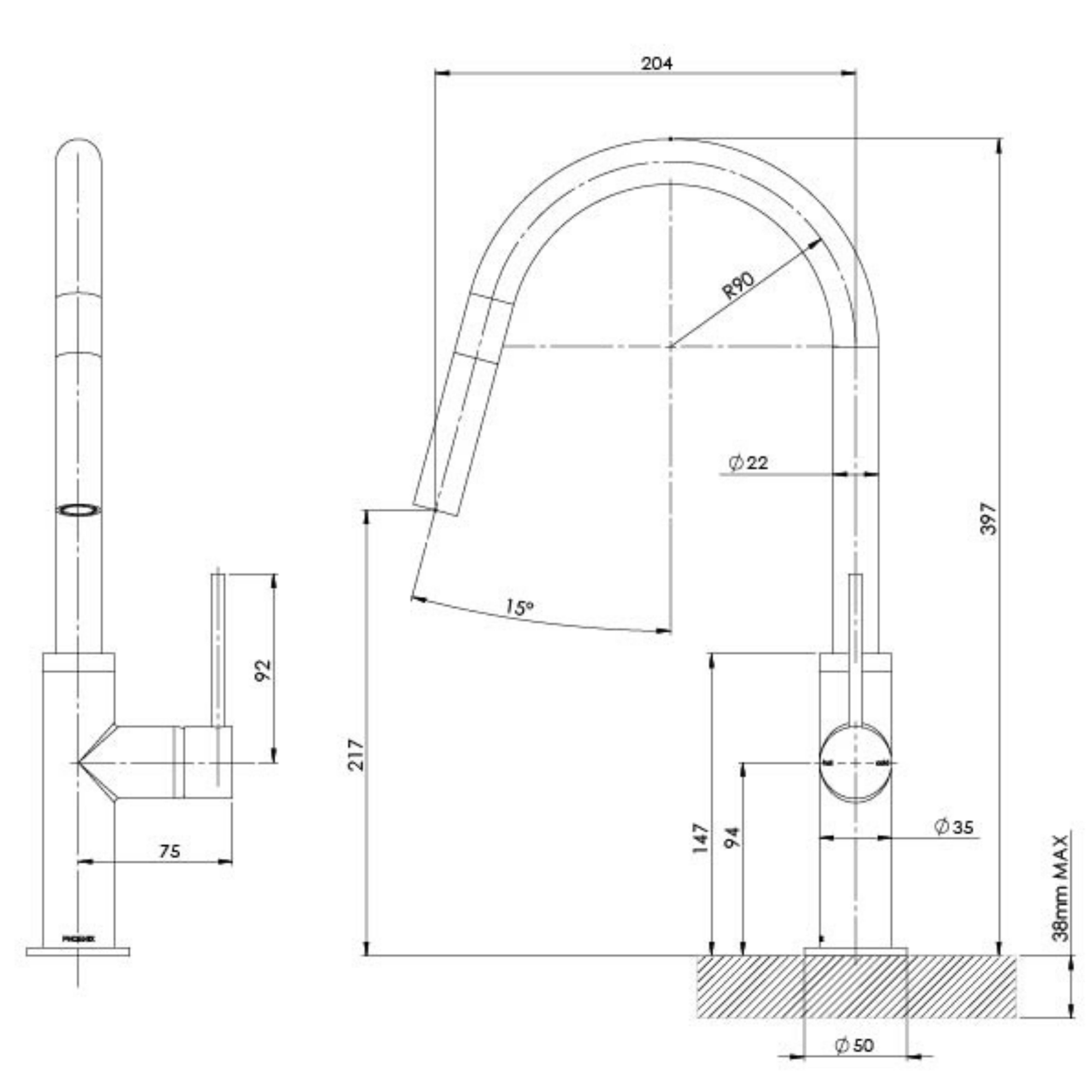 PHOENIX VIVID SLIMLINE LEAD FREE PULL OUT SINK MIXER 397MM BRUSHED CARBON