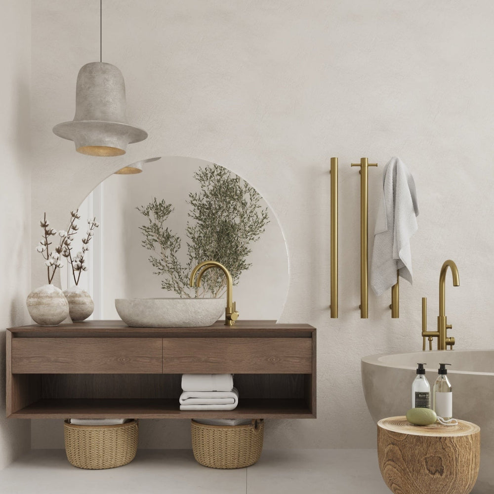 THERMOGROUP ROUND VERTICAL SINGLE HEATED TOWEL RAIL 900MM BRUSHED GOLD