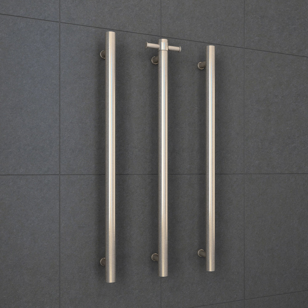 THERMOGROUP STRAIGHT ROUND VERTICAL SINGLE HEATED TOWEL RAIL 900MM BRUSHED NICKEL