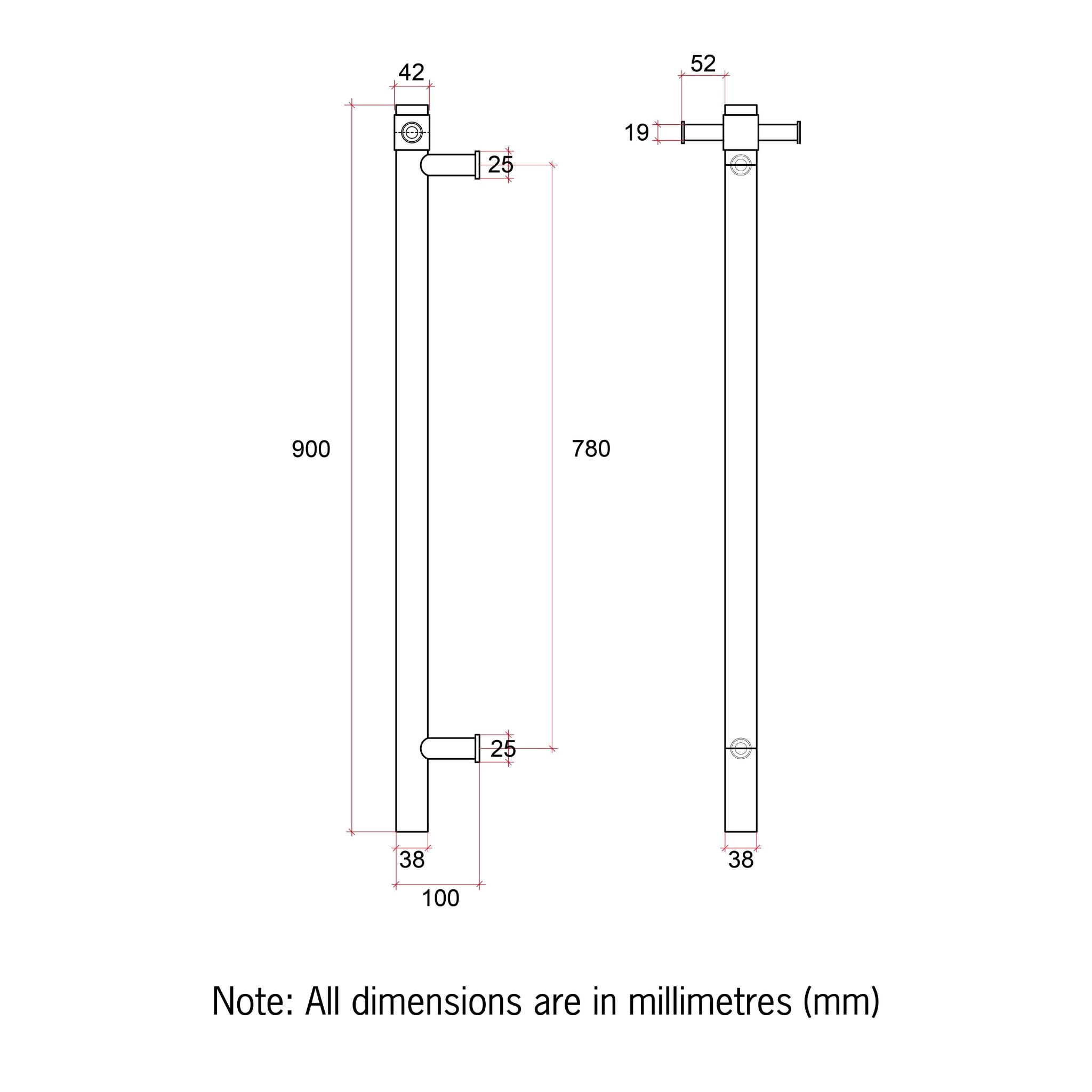 THERMOGROUP ROUND VERTICAL HEATED SINGLE TOWEL RAIL POLISHED STAINLESS STEEL 900MM (CUSTOM PLATED FINISH)