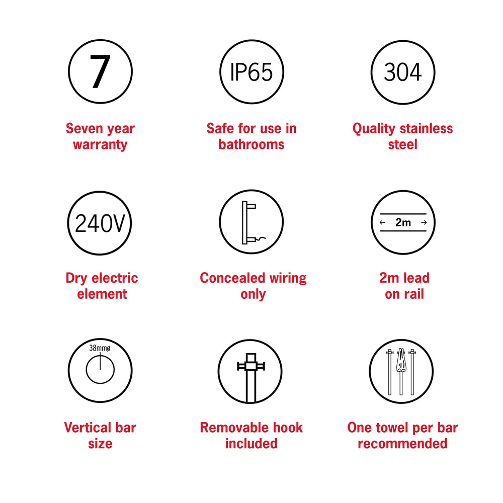 THERMOGROUP 240 VOLT VERTICAL SINGLE HEATED TOWEL RAIL BRUSHED NICKEL 900MM