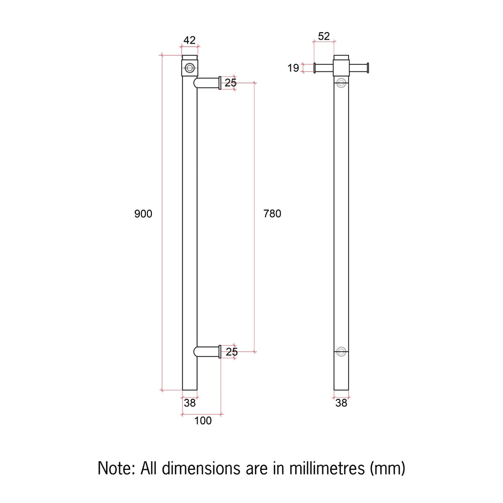 THERMOGROUP ROUND VERTICAL HEATED SINGLE TOWEL RAIL POLISHED STAINLESS STEEL 900MM