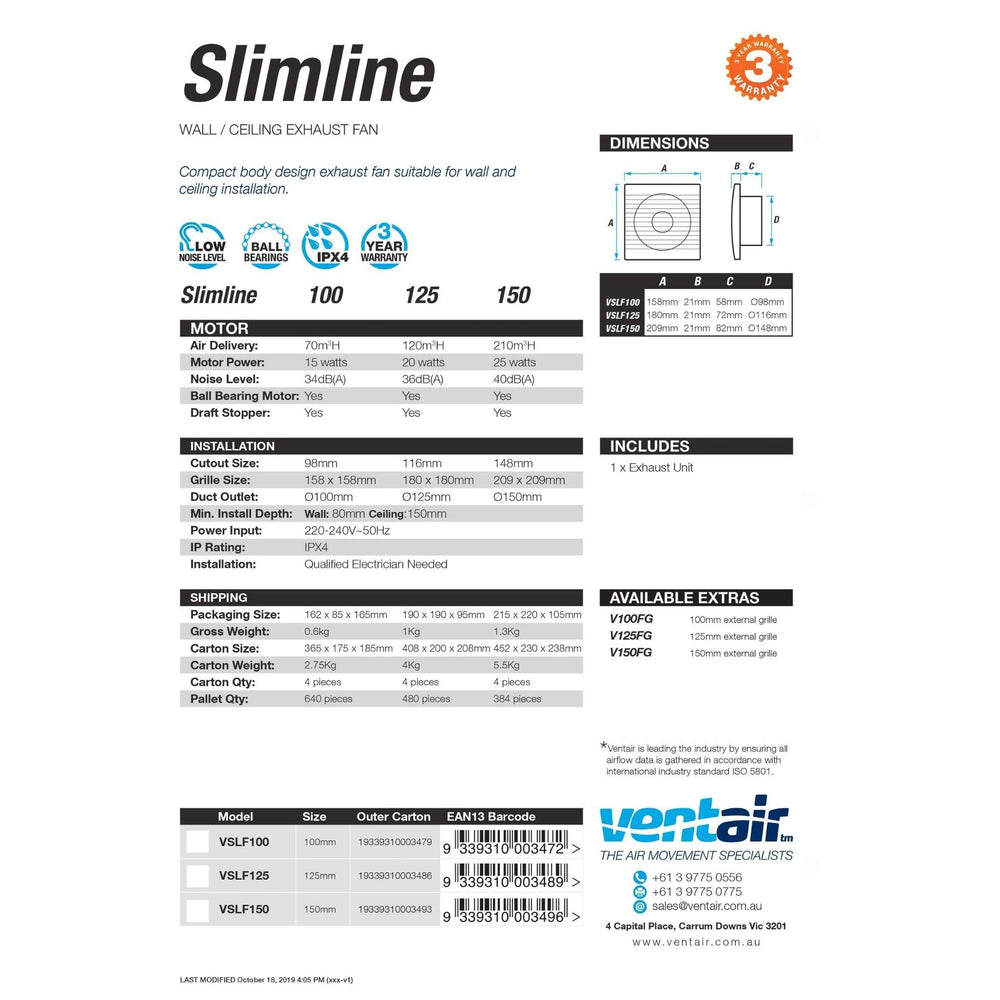VENTAIR SLIMLINE VERSATILE WALL / CEILING EXHAUST FAN WHITE (AVAILABLE IN 100MM, 125MM AND 150MM)