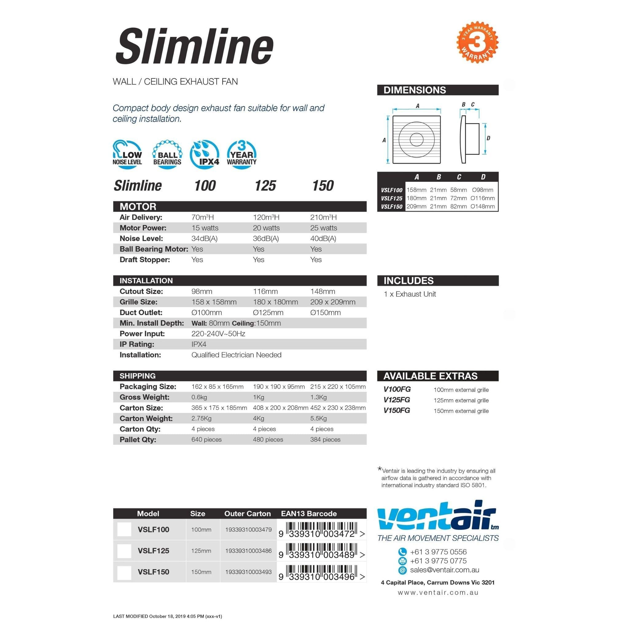 VENTAIR SLIMLINE VERSATILE WALL / CEILING EXHAUST FAN WHITE (AVAILABLE IN 100MM, 125MM AND 150MM)