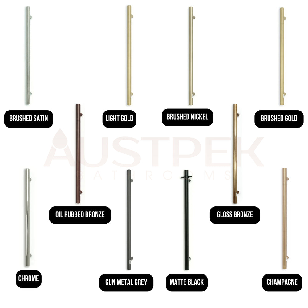 RADIANT HEATING VERTICAL ROUND HEATED SINGLE TOWEL RAIL MIRROR POLISHED 950MM