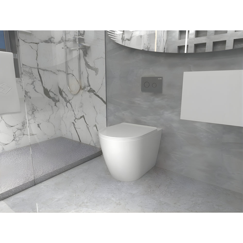 ZUMI VENUS RIMLESS WALL FACED FLOOR PAN WITH R&T IN WALL CISTERN & FLUSH BUTTON PACKAGE GLOSS WHITE