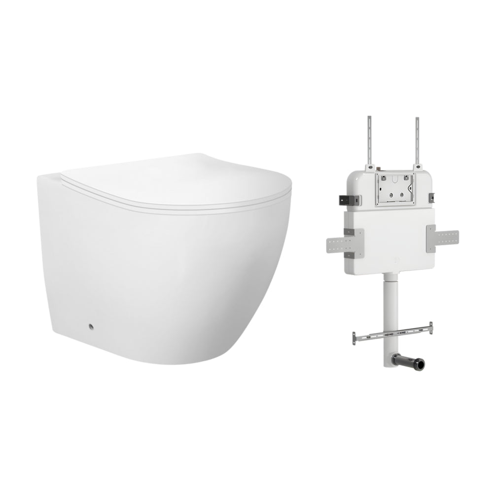 ZUMI VENUS RIMLESS WALL FACED FLOOR PAN WITH R&T IN WALL CISTERN & FLUSH BUTTON PACKAGE GLOSS WHITE