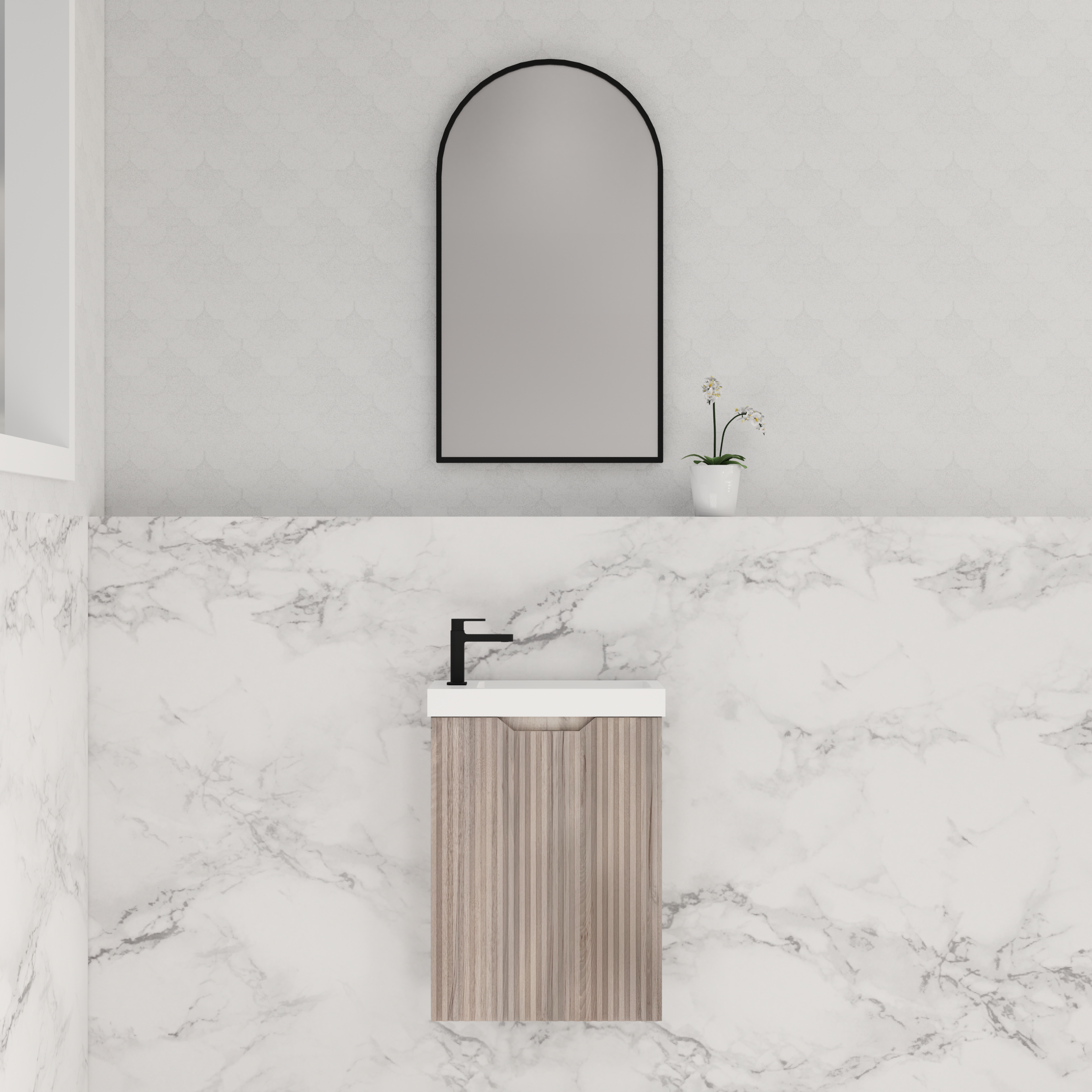 RIVA VIENNA WHITE OAK 450MM SPACE SAVING SINGLE BOWL WALL HUNG VANITY