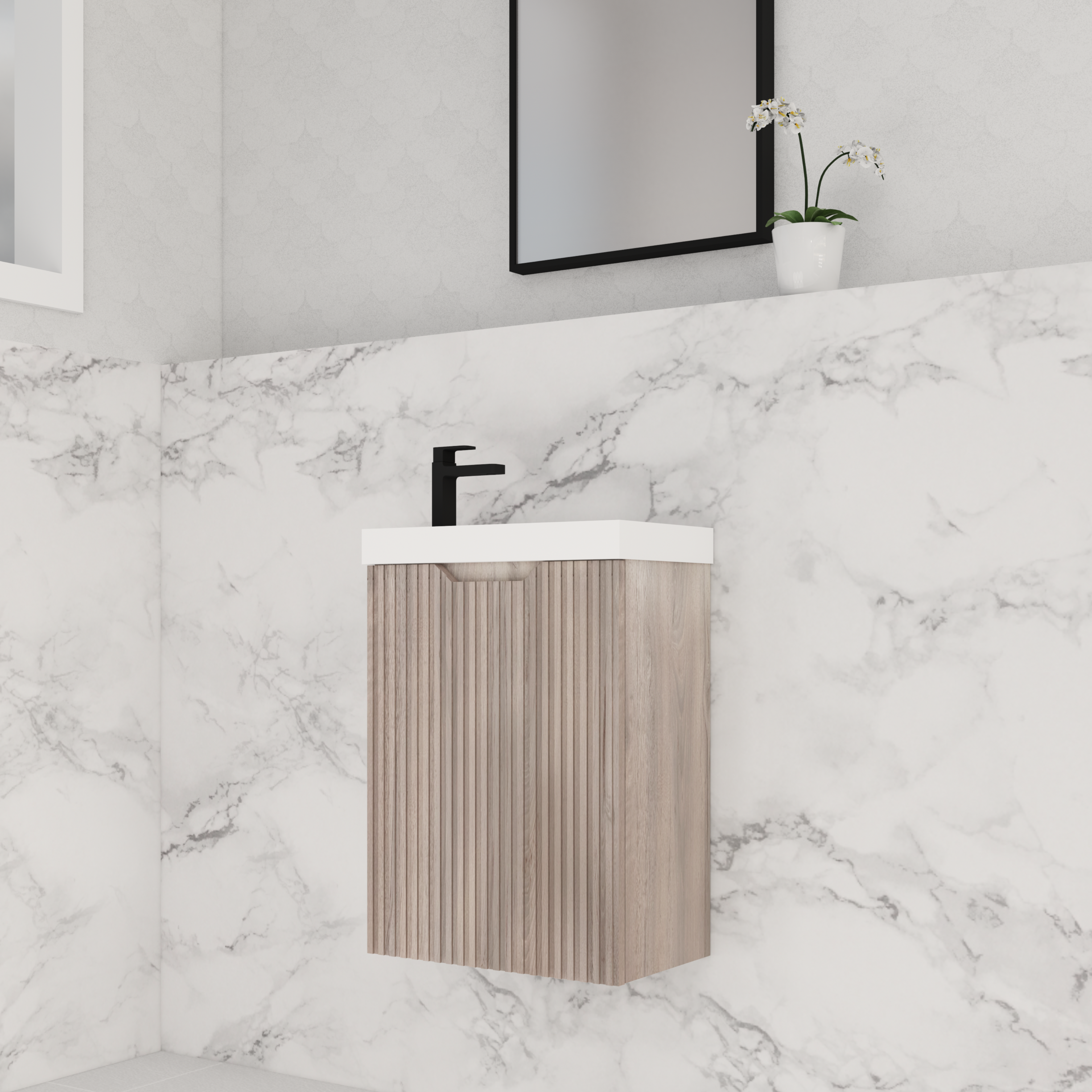 RIVA VIENNA WHITE OAK 450MM SPACE SAVING SINGLE BOWL WALL HUNG VANITY