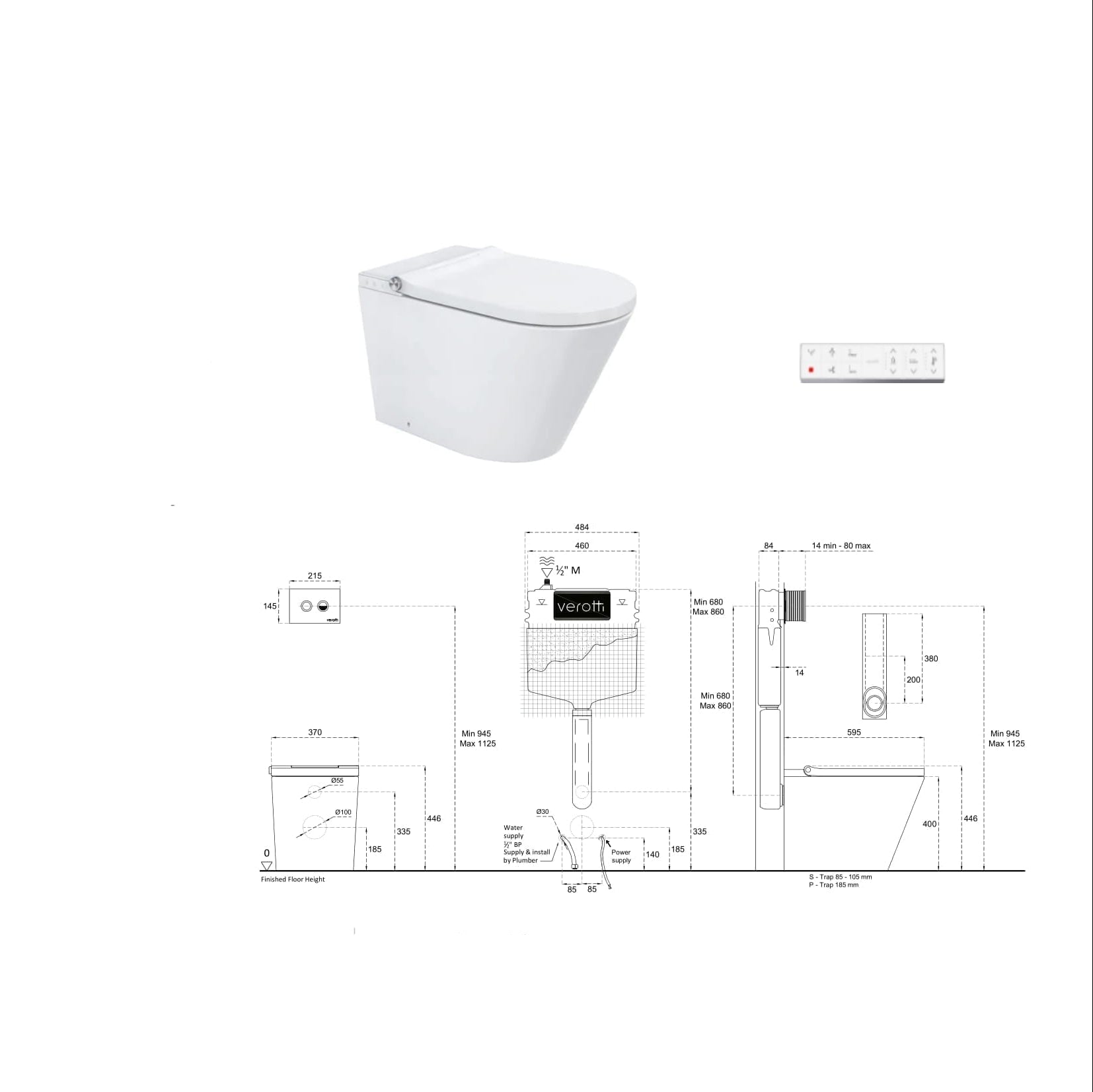 VEROTTI ETERNITY X INTEGRATED INTELLIGENT WALL FACED TOILET AND REMOTE WASHLET PACKAGE GLOSS WHITE