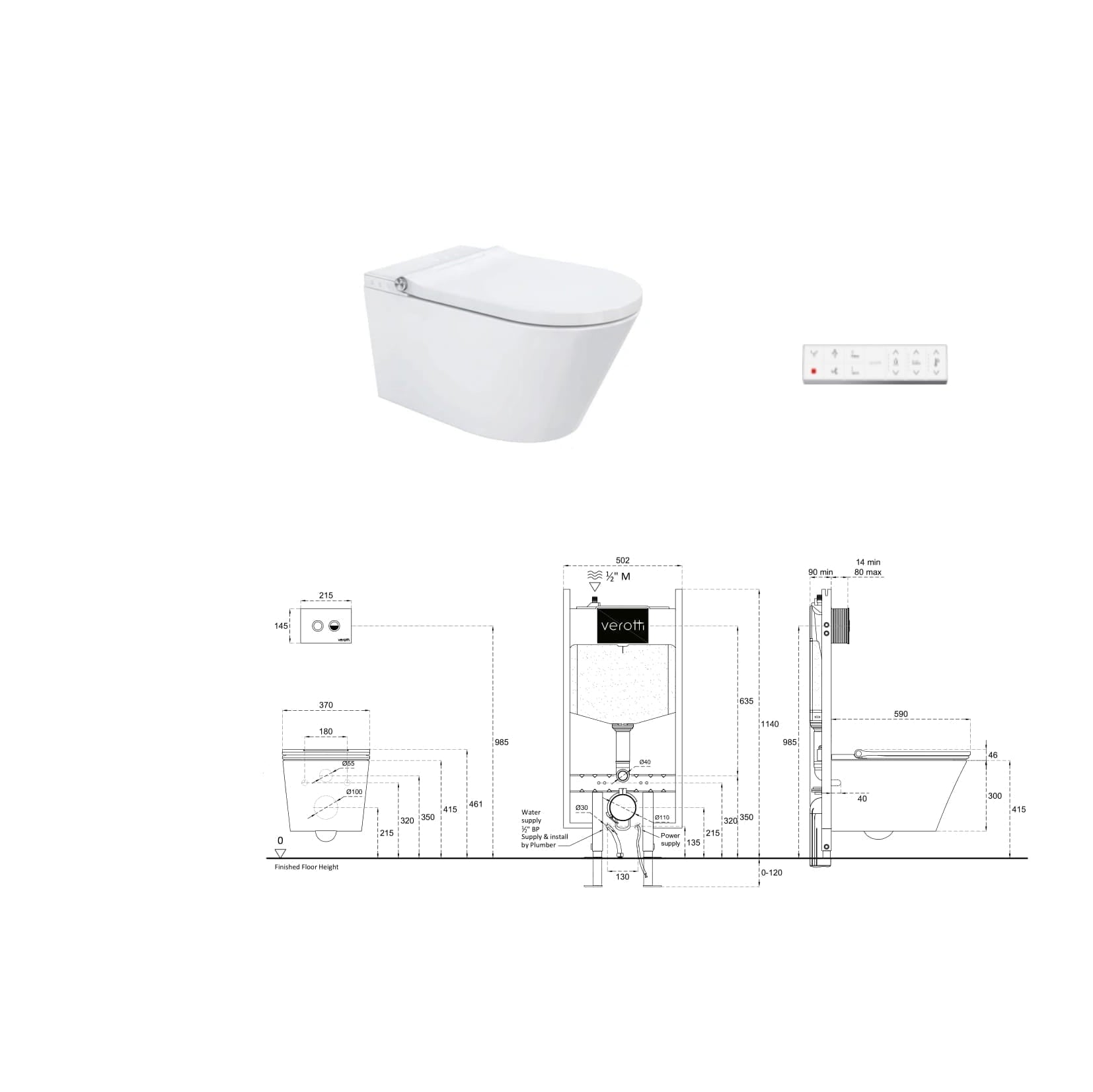 VEROTTI ETERNITY X INTEGRATED INTELLIGENT WALL HUNG TOILET AND REMOTE WASHLET PACKAGE GLOSS WHITE