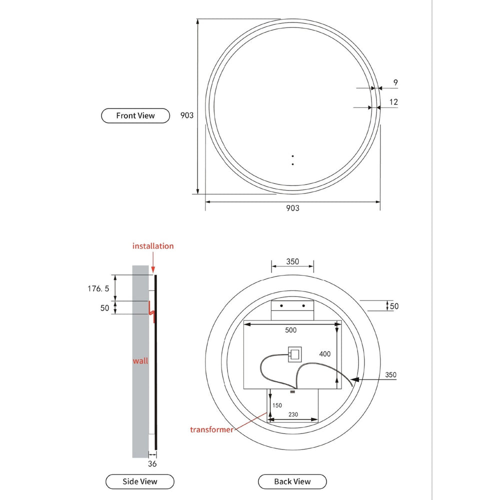 AULIC WINDSOR LED MIRROR MATTE BLACK 3 COLOUR LIGHTS 900X900MM