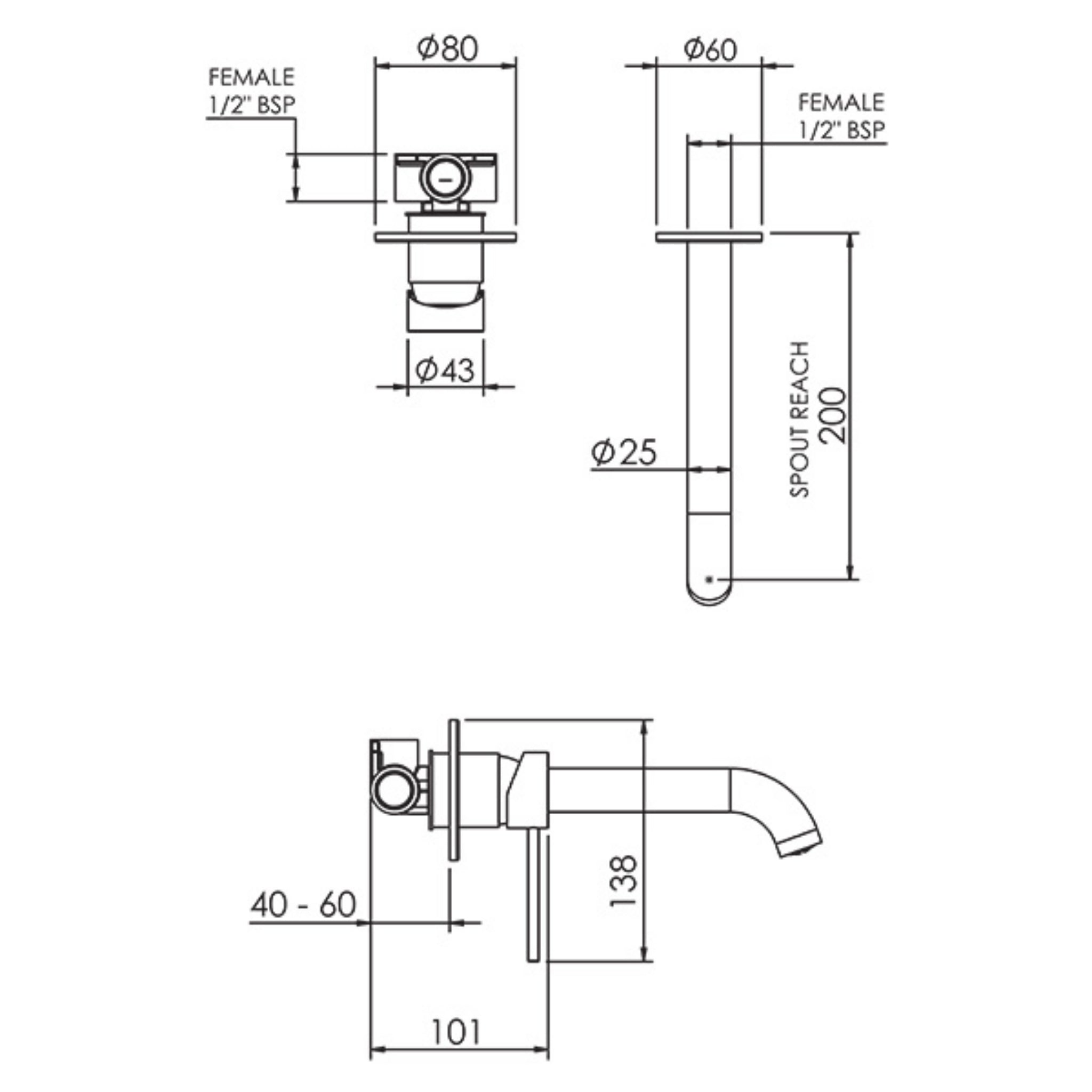 FELTON LINEA WALL MOUNTED BASIN / BATH MIXER 200MM CHROME