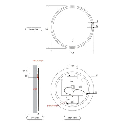 AULIC WINDSOR LED MIRROR GUN METAL 3 COLOUR LIGHTS 700X700MM