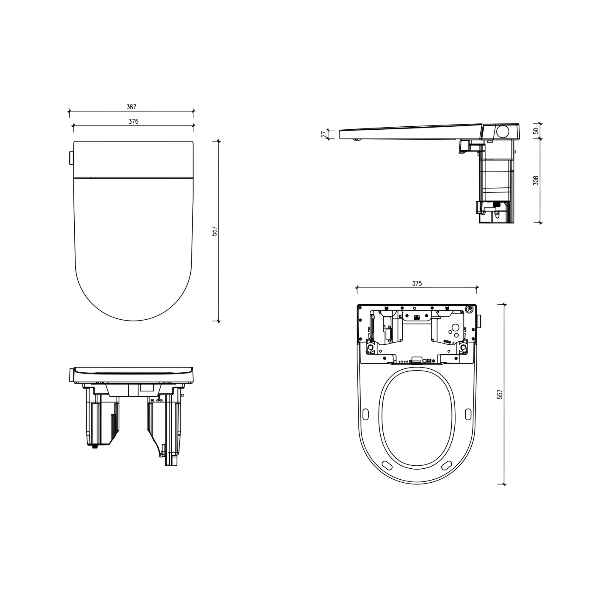 ZUMI ZERO RIMLESS BACK-TO-WALL TOILET AND SMART BIDET SEAT W/ REMOTE CONTROL PACKAGE D-SHAPE WHITE