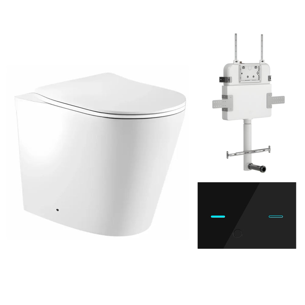 ZUMI ZERO RIMLESS WALL FACED FLOOR PAN WITH R&T IN WALL CISTERN & SENSOR TOUCHLESS BUTTON PACKAGE GLOSS WHITE