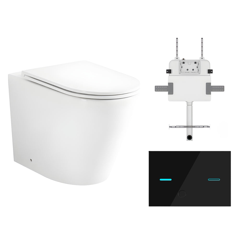 ZUMI JAVA RIMLESS WALL FACED FLOOR PAN WITH R&T IN WALL CISTERN & SENSOR TOUCHLESS BUTTON PACKAGE GLOSS WHITE