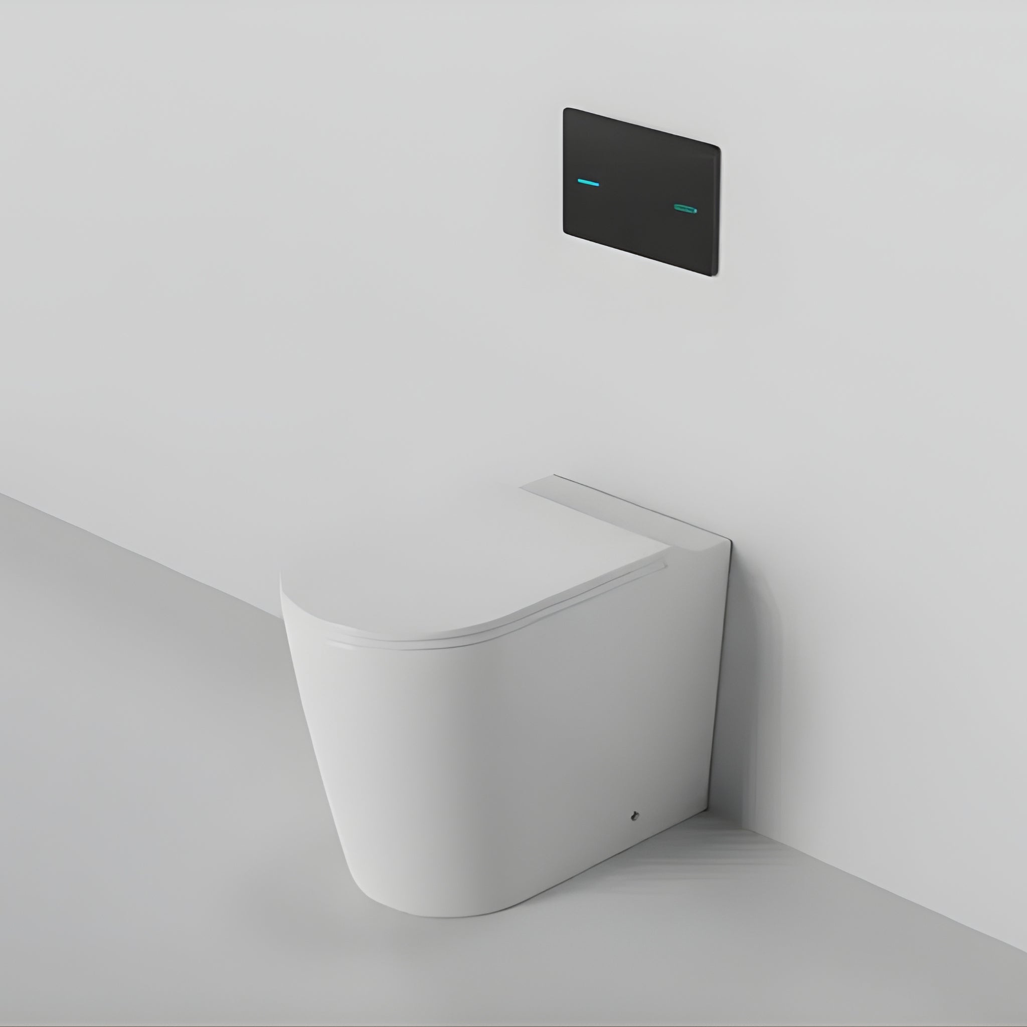ZUMI JAVA RIMLESS WALL FACED FLOOR PAN WITH R&T IN WALL CISTERN & SENSOR TOUCHLESS BUTTON PACKAGE GLOSS WHITE