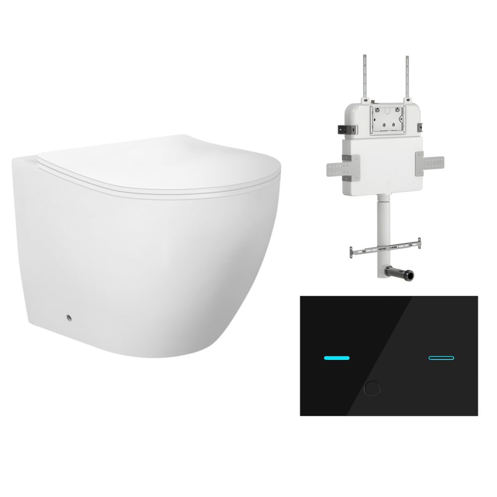 ZUMI VENUS RIMLESS WALL FACED FLOOR PAN WITH R&T IN WALL CISTERN & SENSOR TOUCHLESS BUTTON PACKAGE GLOSS WHITE
