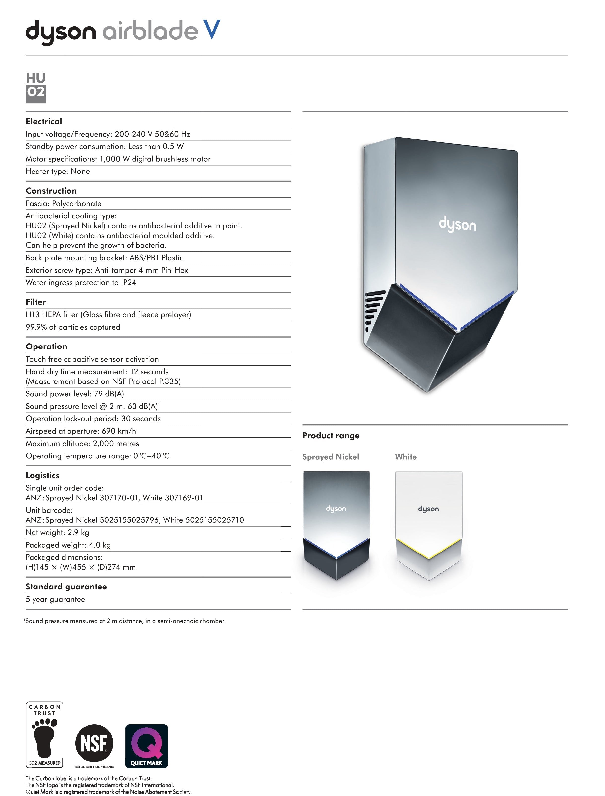 DYSON AIRBLADE V SENSOR HAND DRYER WHITE 394MM X 234MM