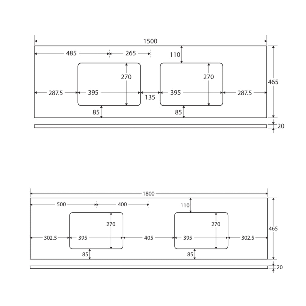FIENZA CRYSTAL PURE SILICA FREE RECTANGULAR STONE BENCHTOP WITH DOUBLE UNDERMOUNT BASIN HOLES (AVAILABLE IN 1500MM AND 1800MM)
