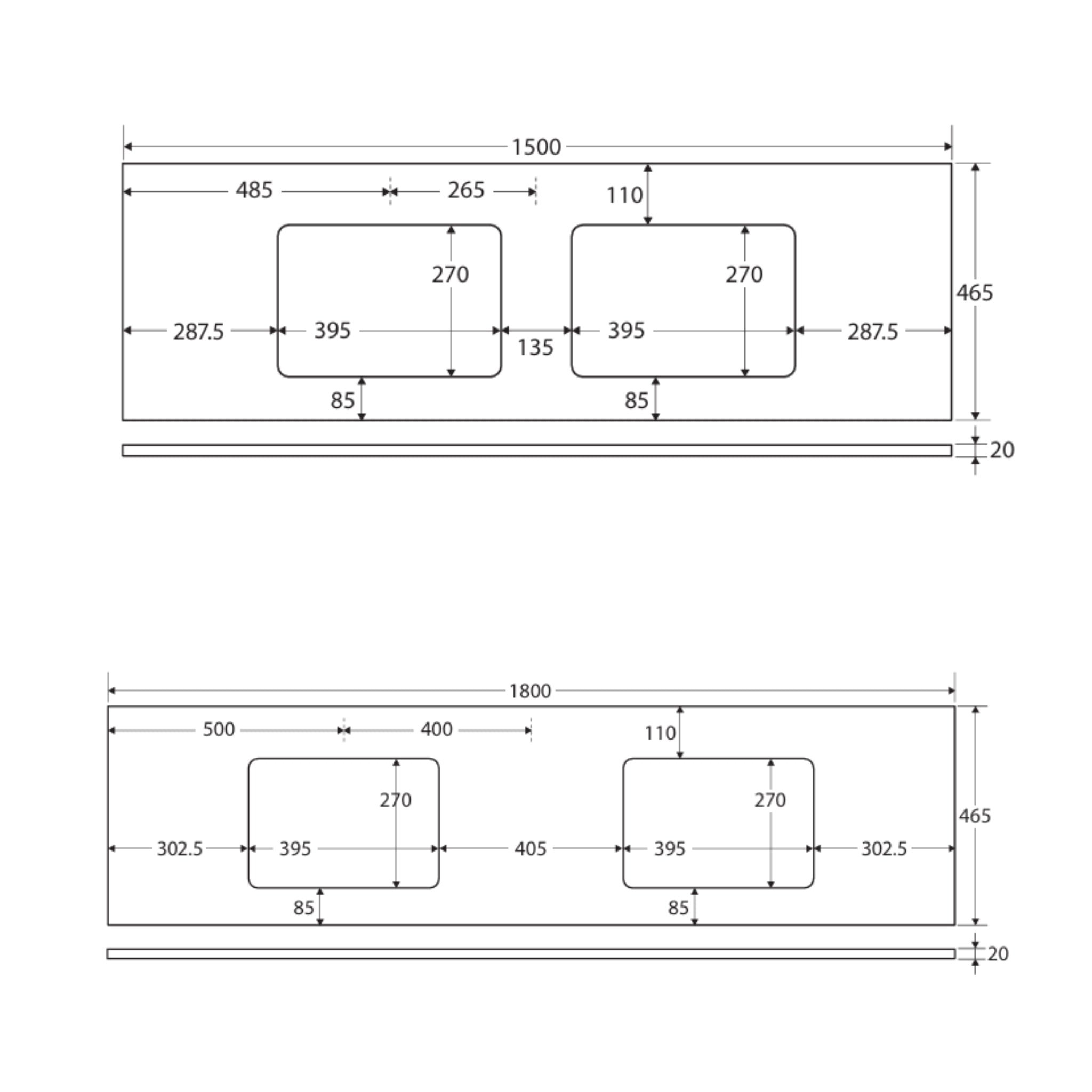 FIENZA CRYSTAL PURE SILICA FREE RECTANGULAR STONE BENCHTOP WITH DOUBLE UNDERMOUNT BASIN HOLES (AVAILABLE IN 1500MM AND 1800MM)