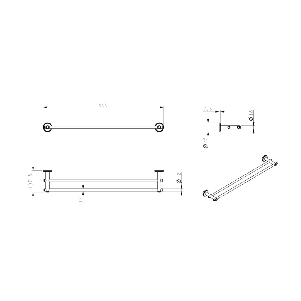 BELLA VISTA MICA HERITAGE DOUBLE TOWEL RAIL BLACK (AVAILABLE IN 600MM AND 800MM)