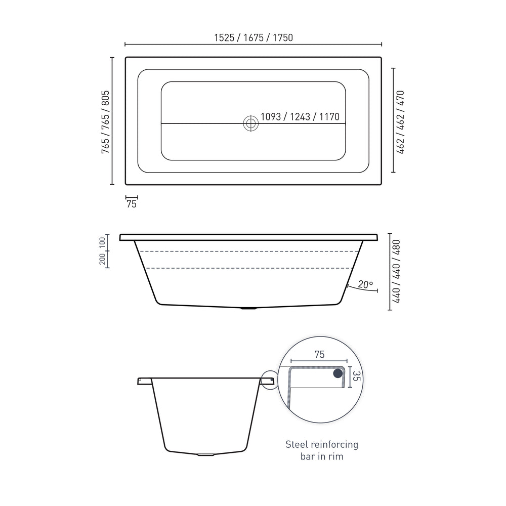 DECINA CARINA INSET CONTOUR SPA BATH GLOSS WHITE (AVAILABLE IN 1525MM, 1675MM AND 1750MM) WITH 14-JETS