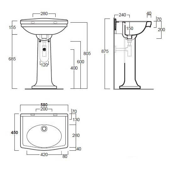 TURNER HASTINGS CLAREMONT NO TAPHOLE BASIN & PEDESTAL GLOSS WHITE 580MM X 875MM