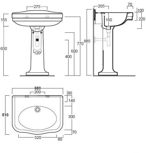 TURNER HASTINGS CLAREMONT NO TAPHOLE BASIN & PEDESTAL GLOSS WHITE 680MM X 885MM