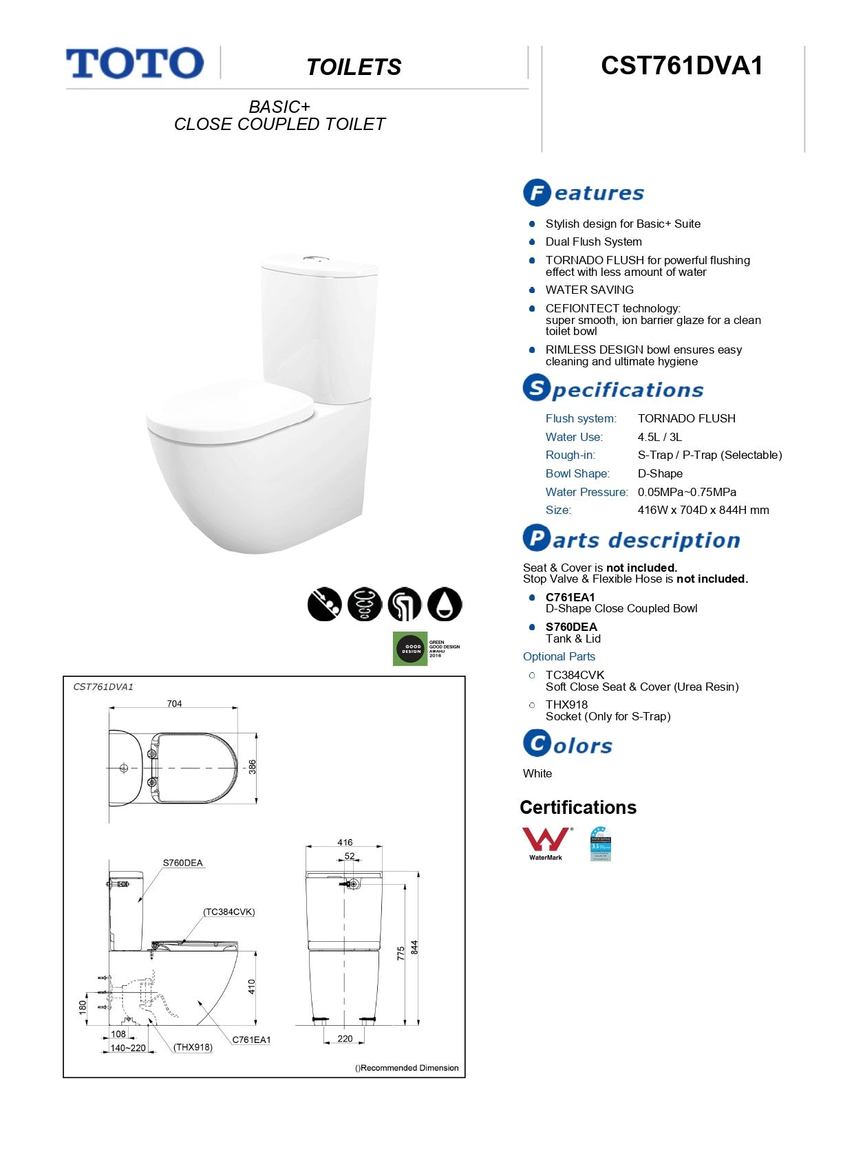 TOTO BASIC+ TOILET SUITE GLOSS WHITE