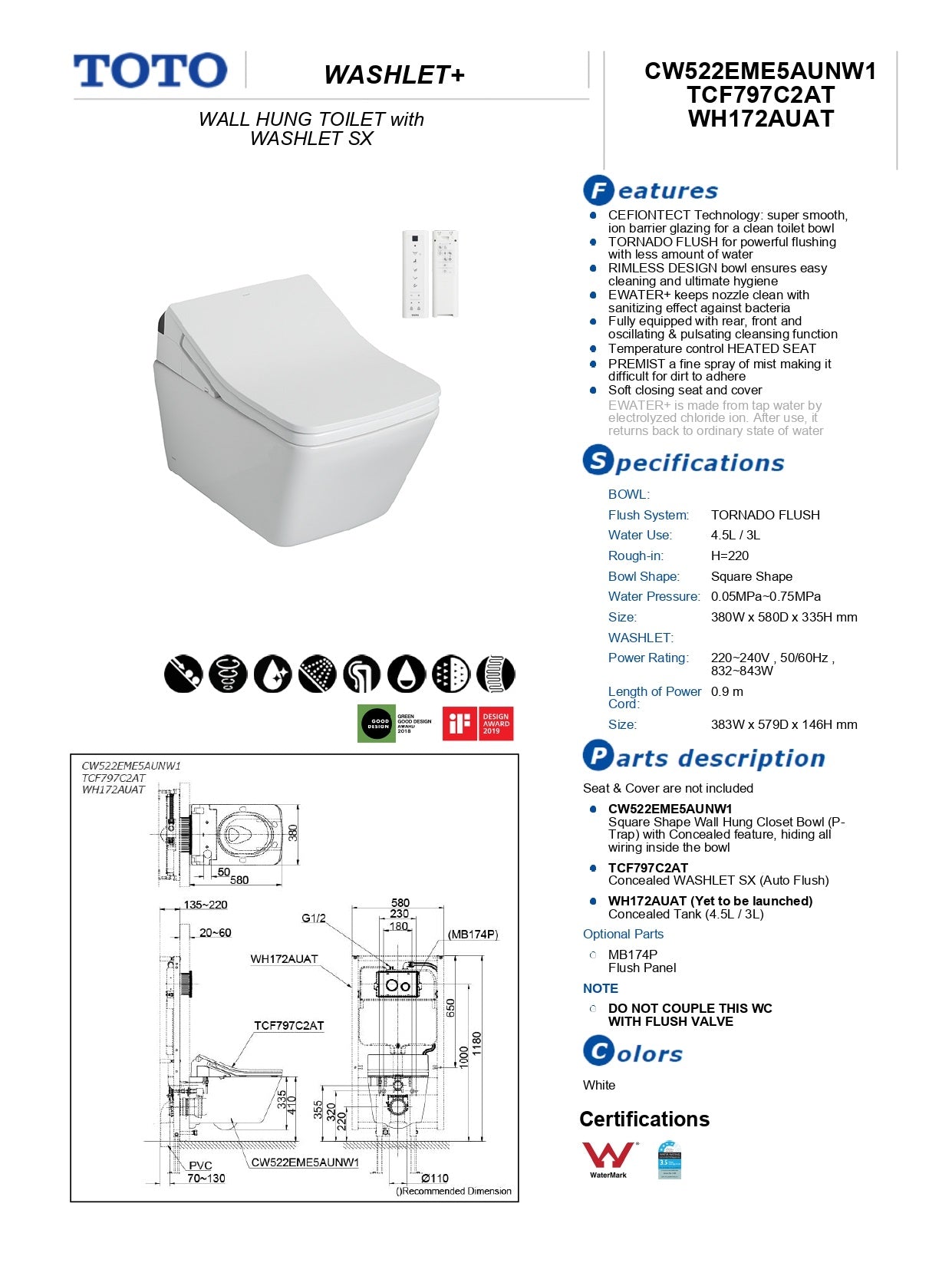 TOTO SX WALL HUNG TOILET WITH WASHLET W/ REMOTE CONTROL PACKAGE GLOSS WHITE
