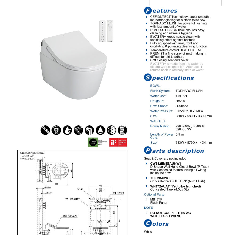 TOTO RX WALL HUNG TOILET WITH WASHLET W/ REMOTE CONTROL PACKAGE (D-SHAPE) GLOSS WHITE