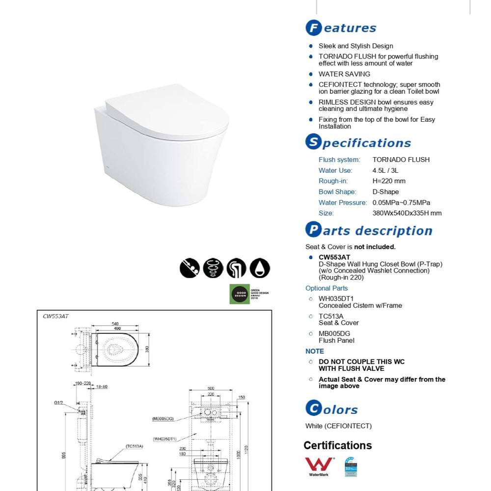 TOTO WALL HUNG RIMLESS TOILET D-SHAPE GLOSS WHITE