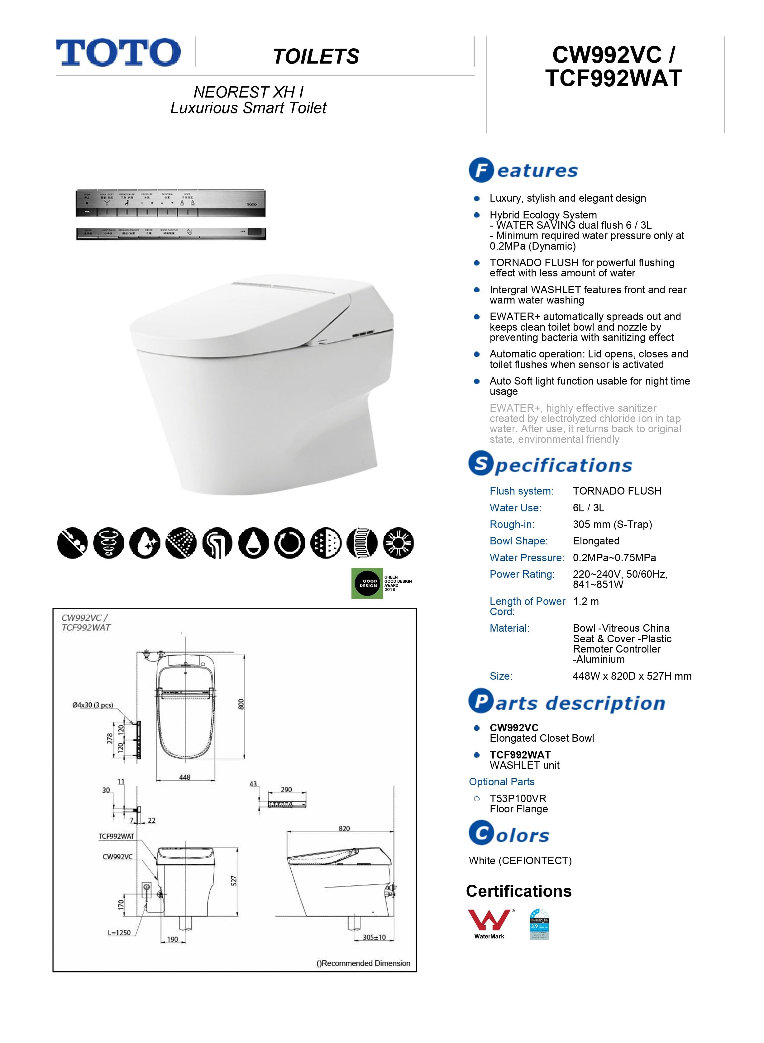 TOTO NEOREST XH I LUXURIOUS SMART TOILET W/ REMOTE CONTROL PACKAGE GLOSS WHITE