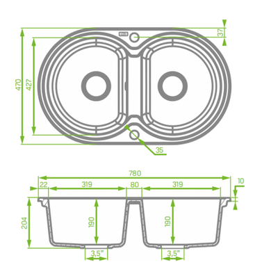 NORICO LAVEO UNDERMOUNT DOUBLE BOWL SINK GREY GRANITE 470MM