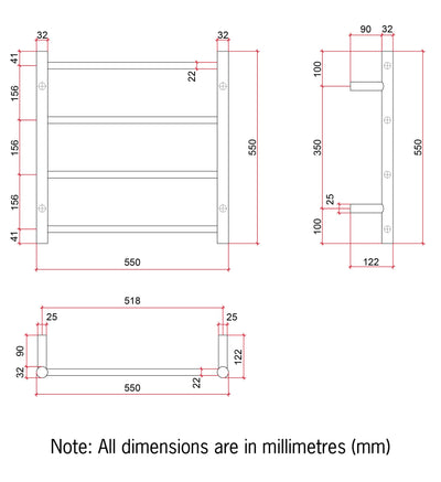 THERMOGROUP 4-BAR ROUND LADDER HEATED TOWEL RAIL BRUSHED STAINLESS STEEL 550MM