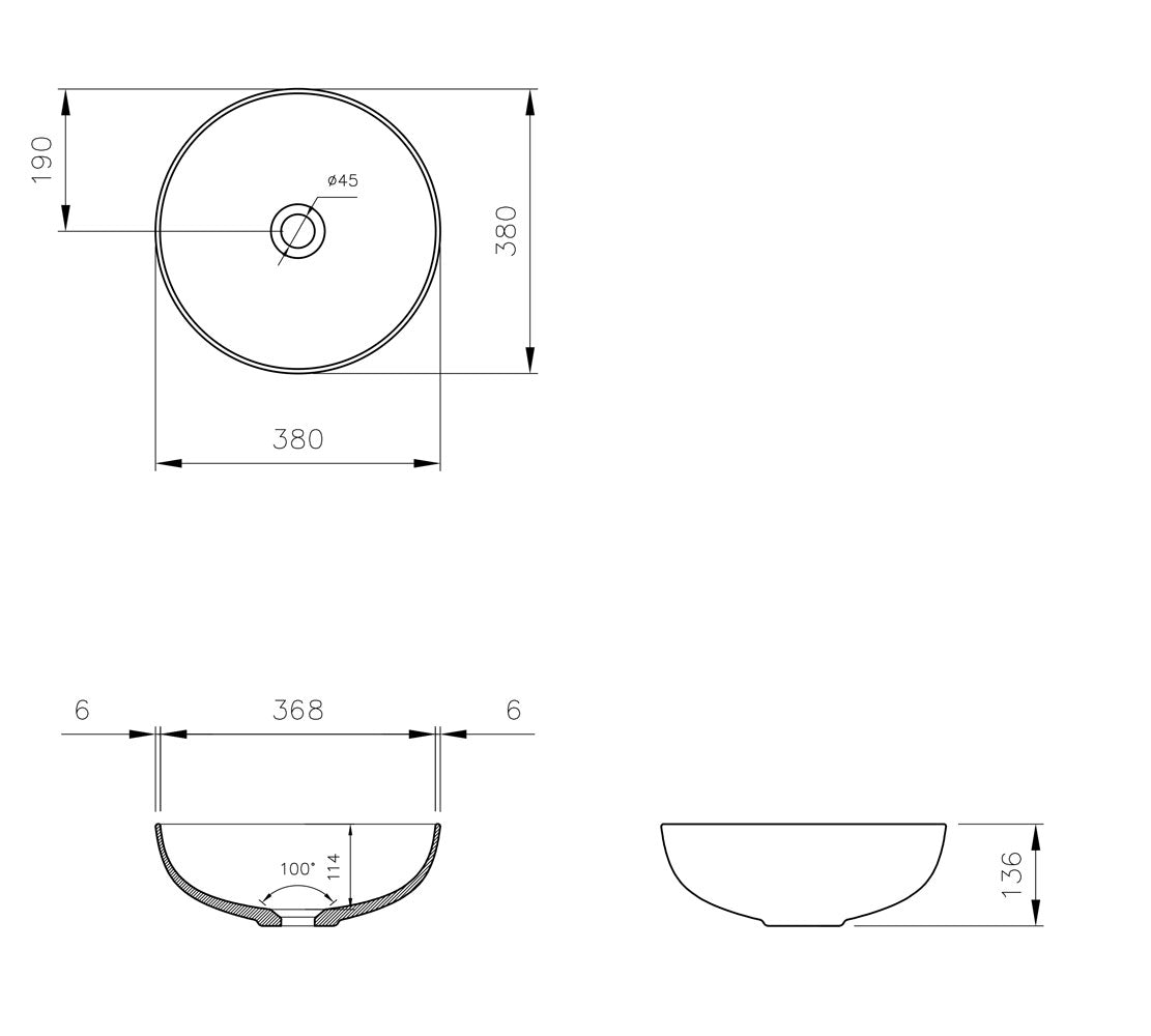 TURNER HASTINGS FINO ROUND ABOVE COUNTER FIRECLAY BASIN GLOSS WHITE 380MM
