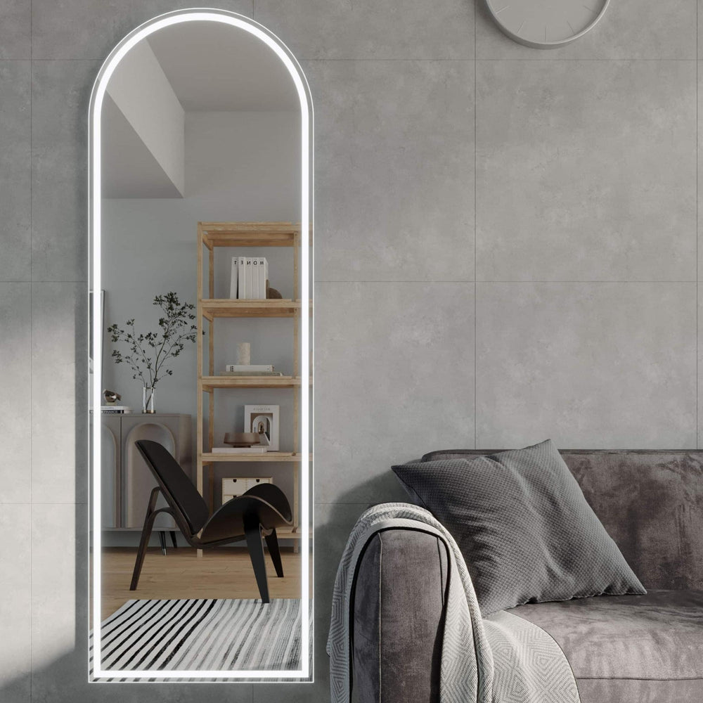 REMER ARCH FRAMED LED MIRROR WITH PORTABLE MAGNIFIER MATTE BLACK 600X1800MM