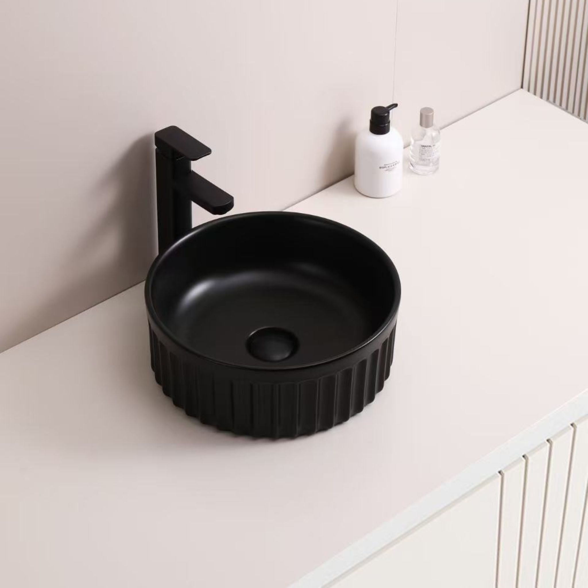 INFINITY ABOVE COUNTER CERAMIC BASIN MATTE BLACK 385MM