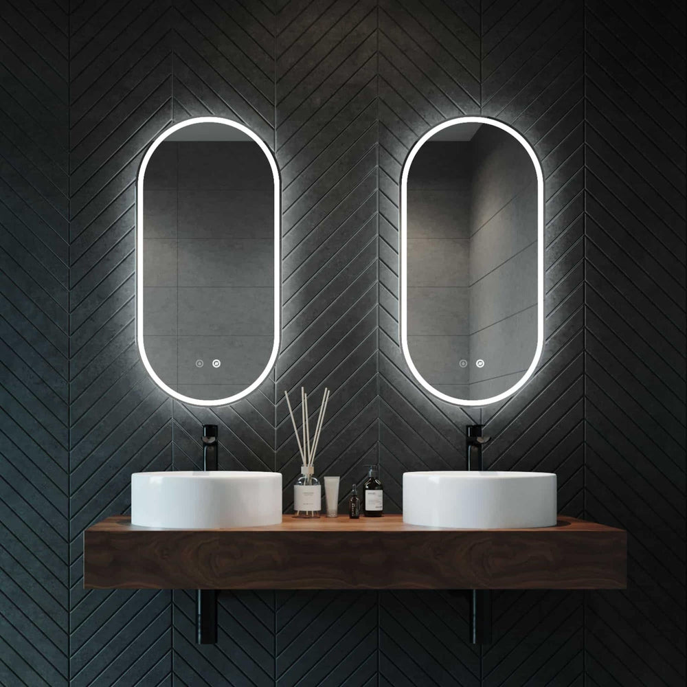 REMER GATSBY OVAL FRAMELESS LED MIRROR W/ DEMISTER & PORTABLE MAGNIFIER 450X900MM