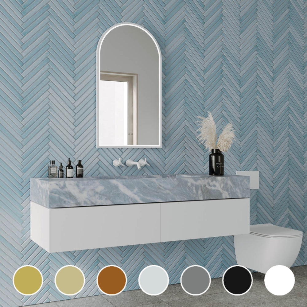 REMER ARCH FRAMED LED MIRROR W/ DEMISTER & PORTABLE MAGNIFIER CUSTOM COLOURS 500X900MM