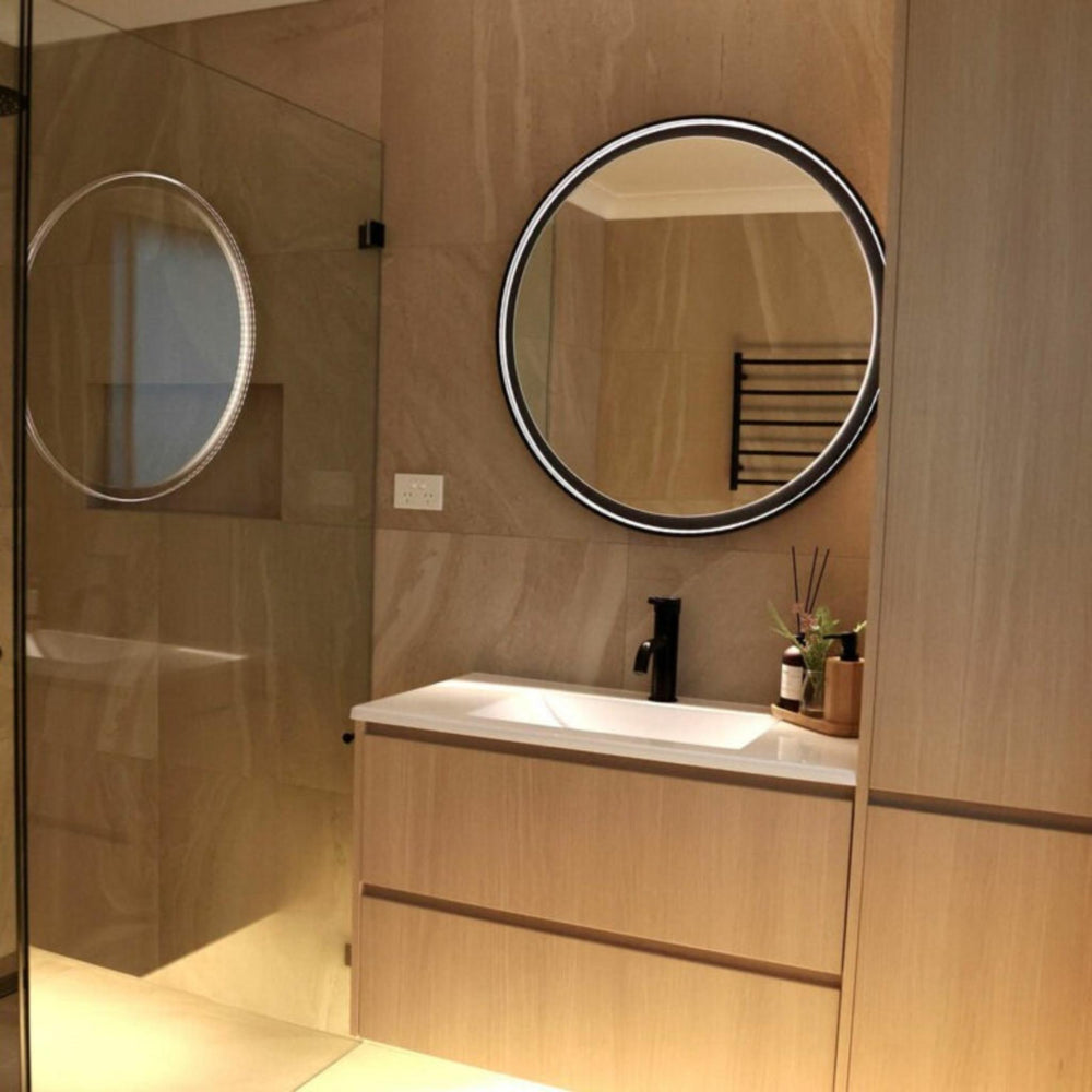 REMER ECLIPSE ROUND FRAMED LED MIRROR WITH DIMMER & DEMISTER MATTE BLACK 800X800MM