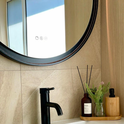 REMER ECLIPSE ROUND FRAMED LED MIRROR WITH DIMMER & DEMISTER MATTE BLACK 800X800MM