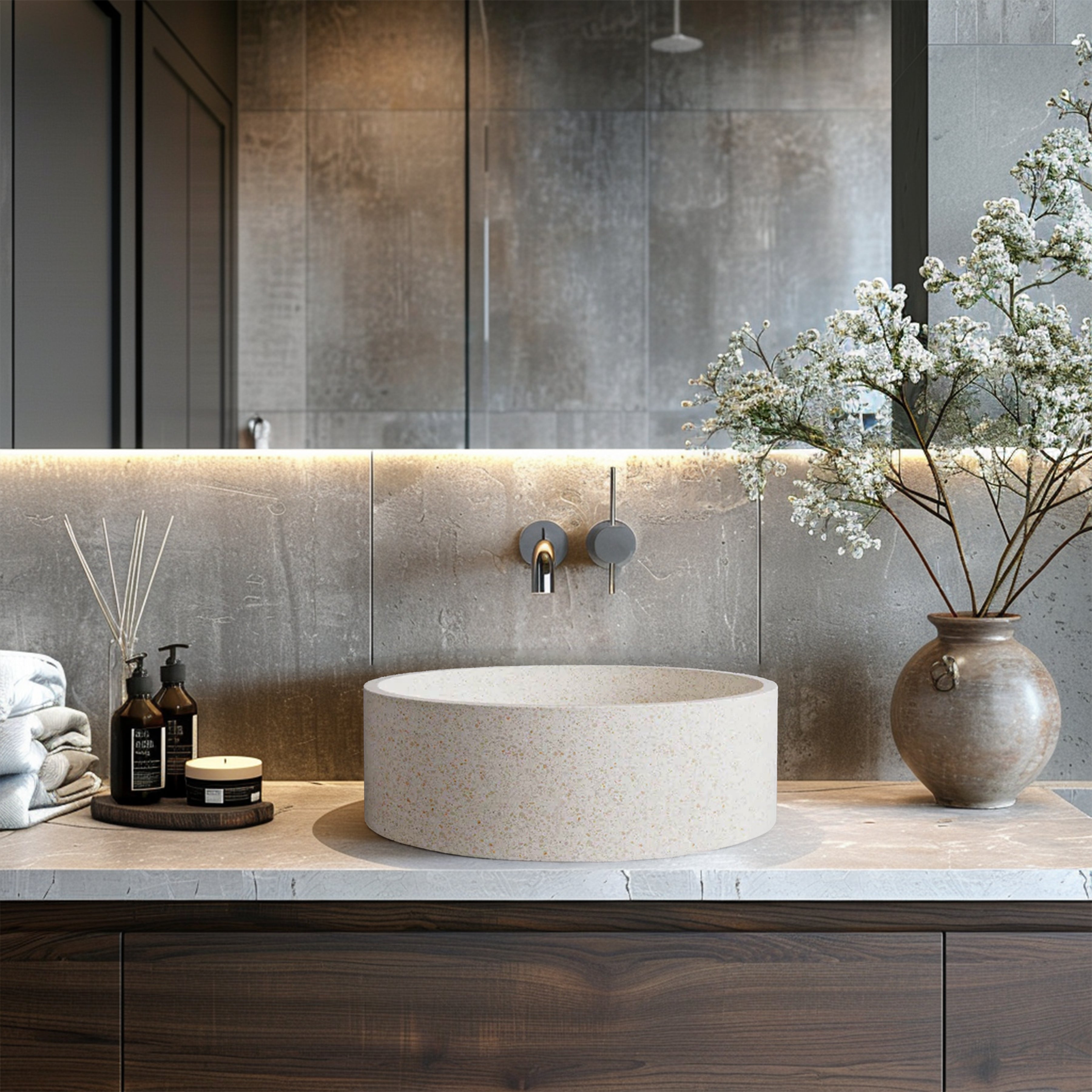 MADU BELLA ROUND ABOVE COUNTER BASIN TERRAZO STONE WHITE 370MM
