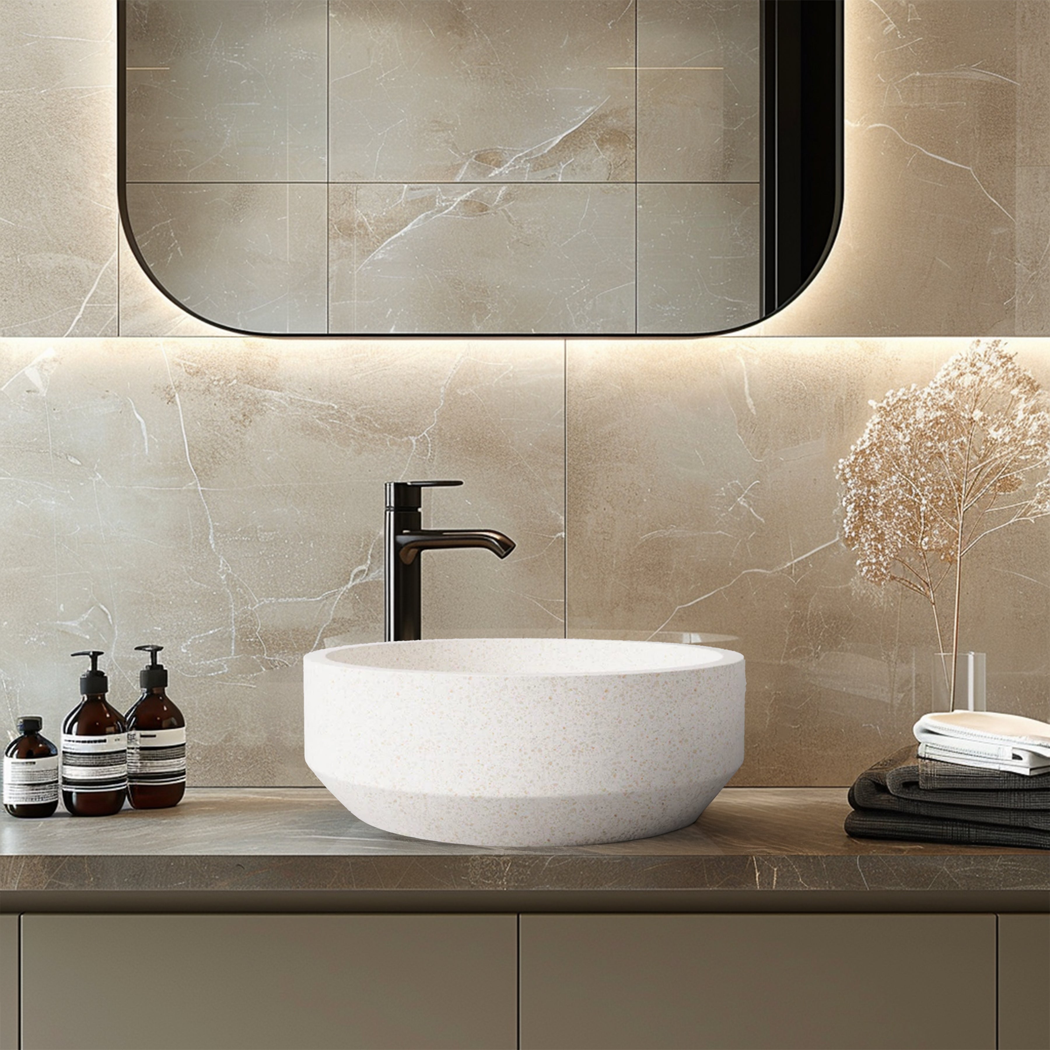 MADU EDEN ROUND ABOVE COUNTER BASIN TERRAZO STONE WHITE 395MM