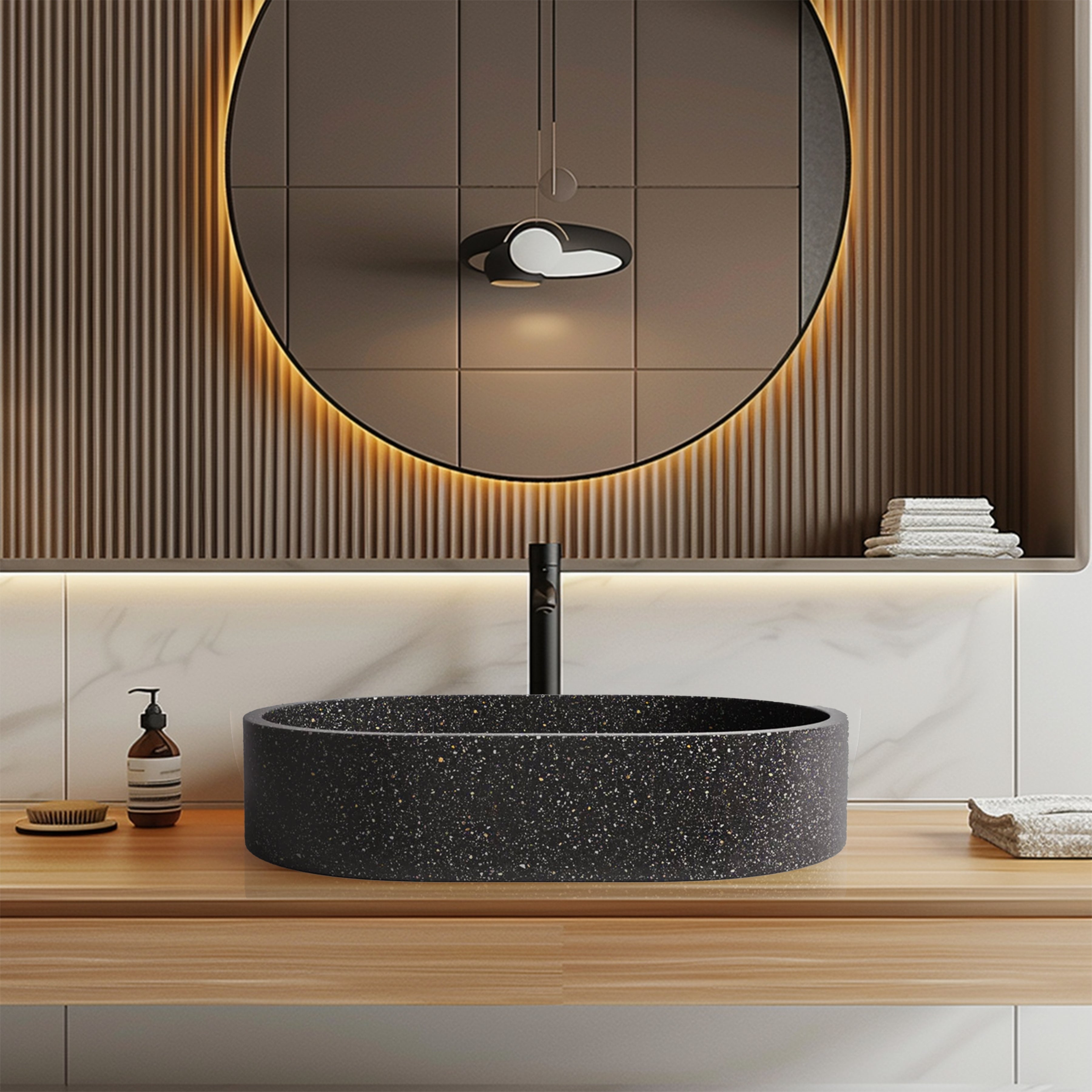 MADU MARGO OVAL ABOVE COUNTER BASIN TERRAZO STONE SEAMLESS EDGE BLACK 575MM