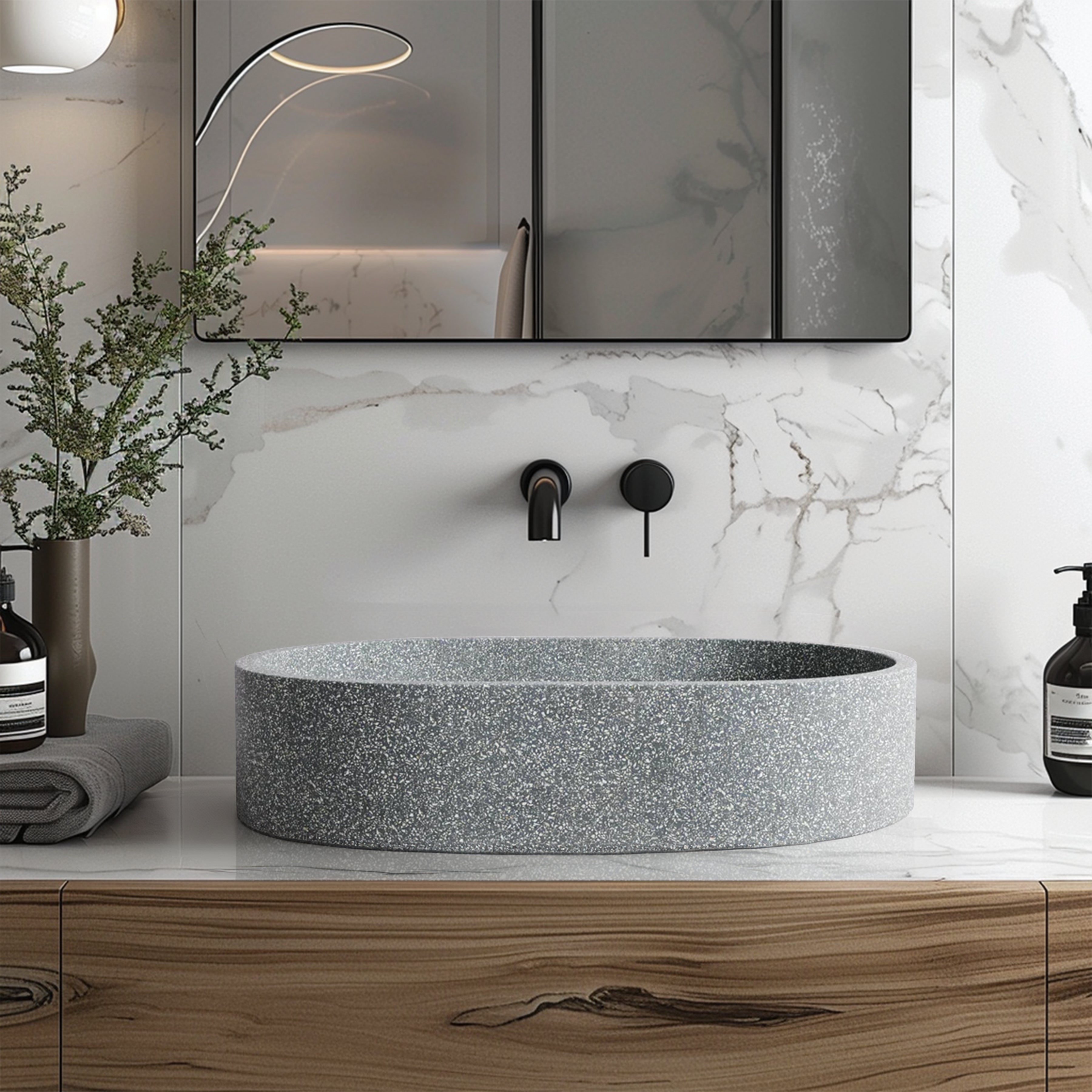 MADU MARGO OVAL ABOVE COUNTER BASIN HANDCRAFTED TERRAZO STONE SEAMLESS EDGE GREY 590MM